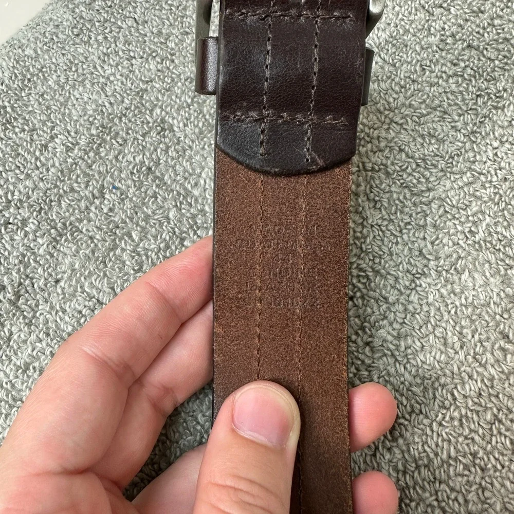 Genuine Leather Dark Brown Double Stitched Dress Belt Size 44 Silver Buckle